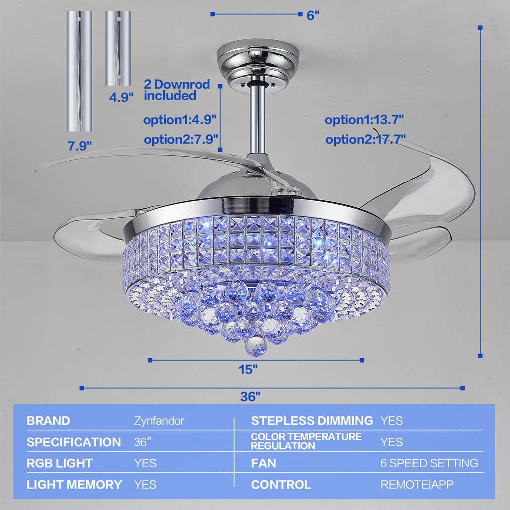 36" Bluetooth Ceiling Fan with Light and Speaker,RGB Retractable Blades Crystal Fandelier Music Player LED Chandelier