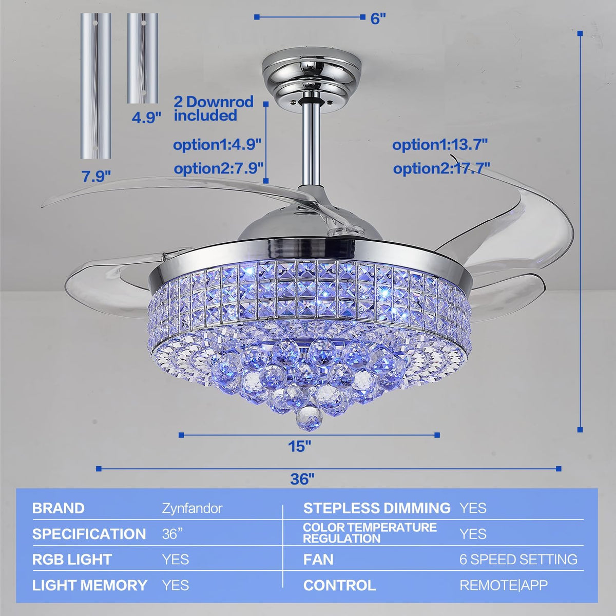 36" Bluetooth Ceiling Fan with Light and Speaker,RGB Retractable Blades Crystal Fandelier Music Player LED Chandelier