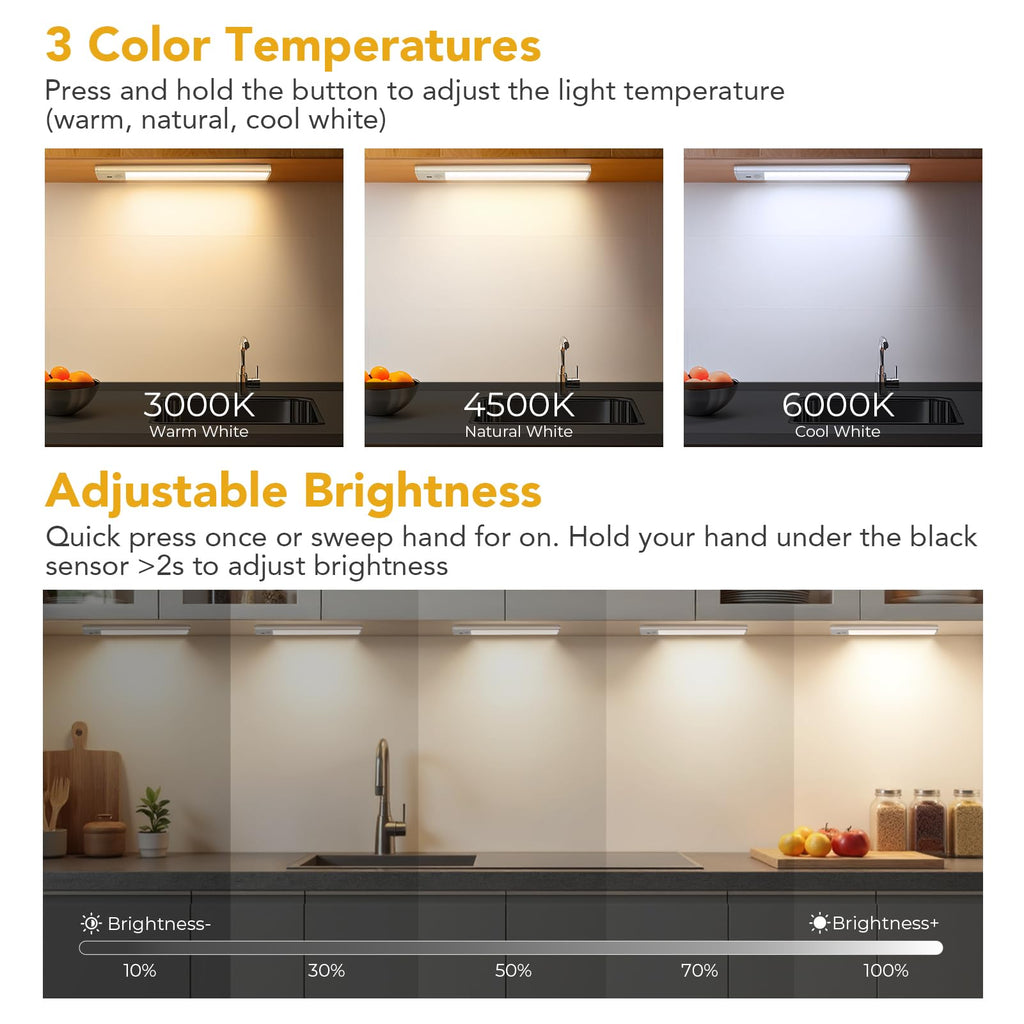 Rechargeable Under Cabinet Lights, 9 Inch Motion Sensor LED Light Bars with Hand Wave Control, 3 Color Temps &