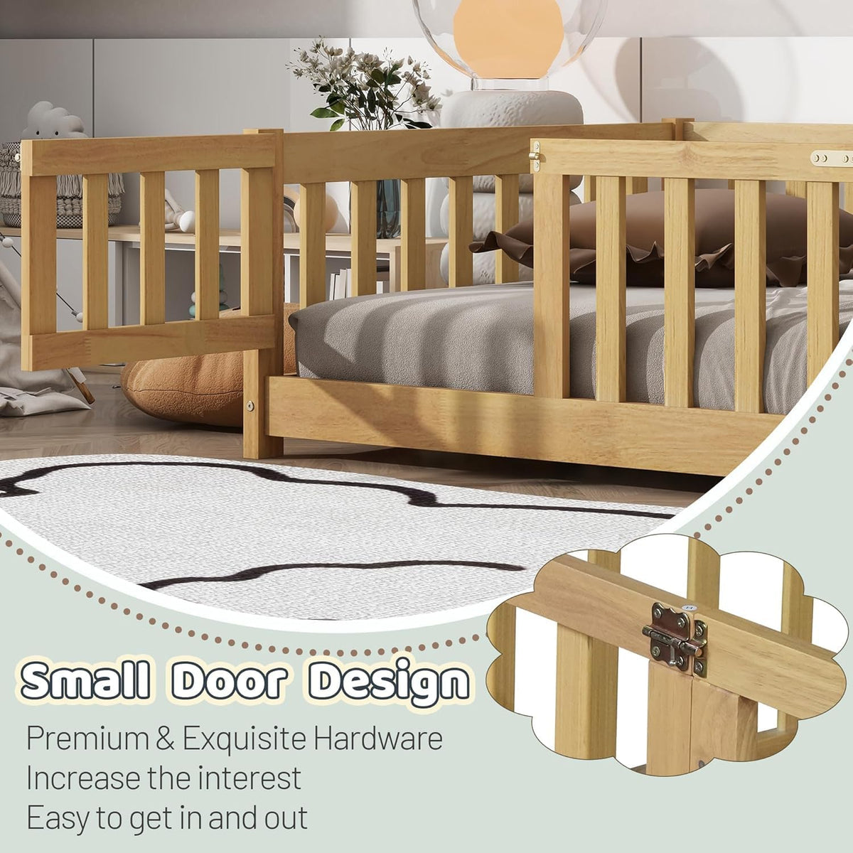 Floor Bed for Kids, Montessori Bed Frame with Door, Low Beds with Rail for Boys and Girls, No Box Spring