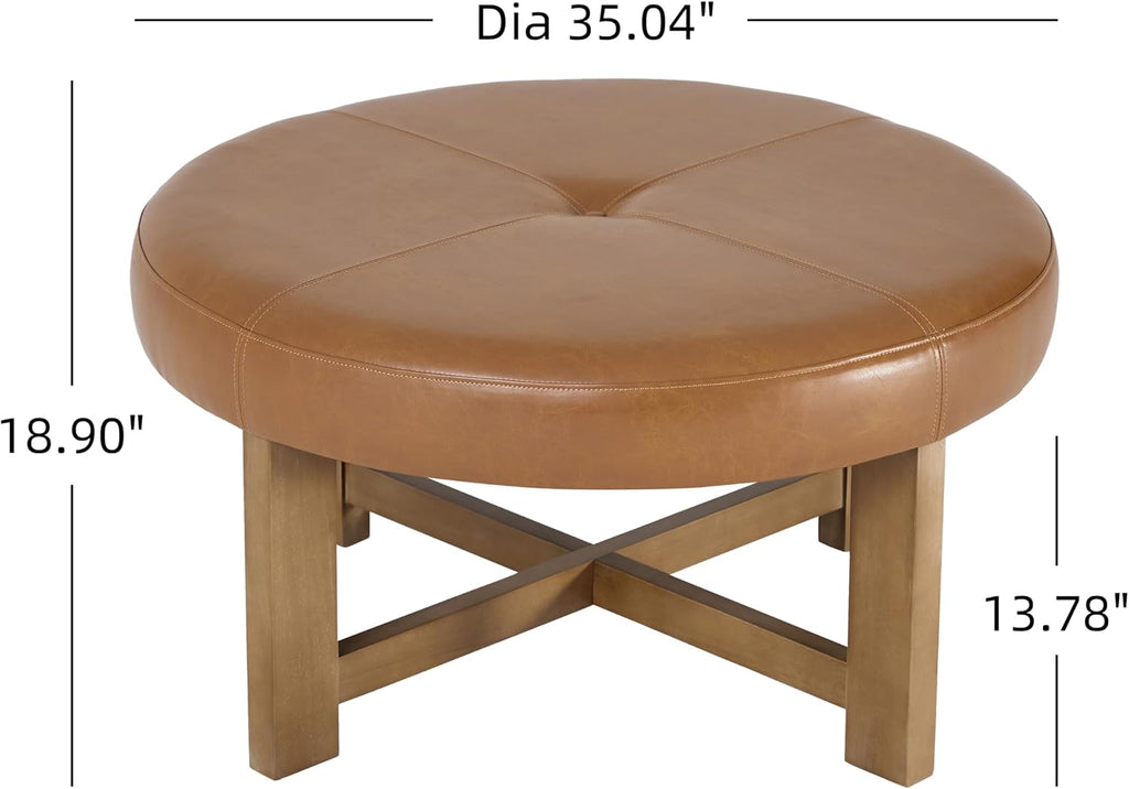 35" Round Leather Ottoman Coffee Table with Wood Cross Base, Light Brown
