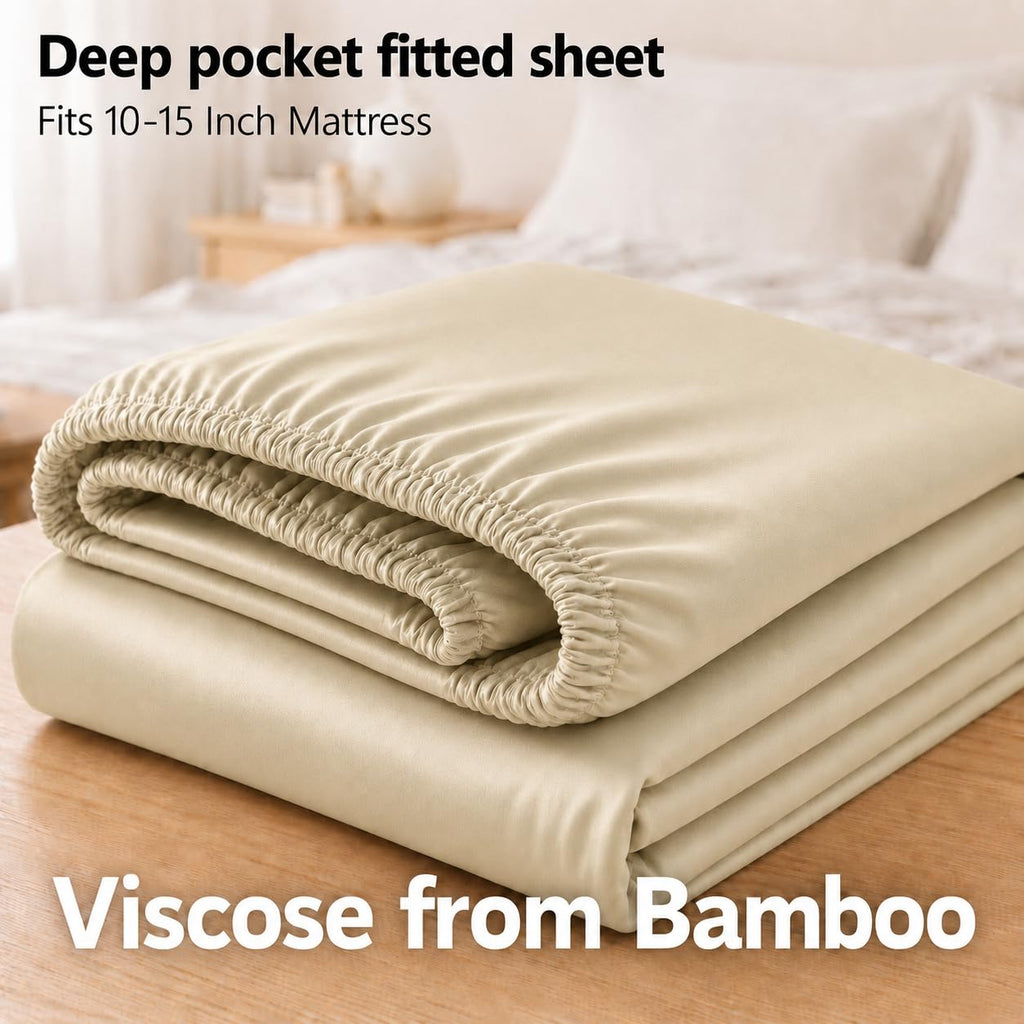Viscose from Bamboo Fitted Bottom Sheet Only, Deep Pocket, Extremely Soft Sheets, Solid Beige