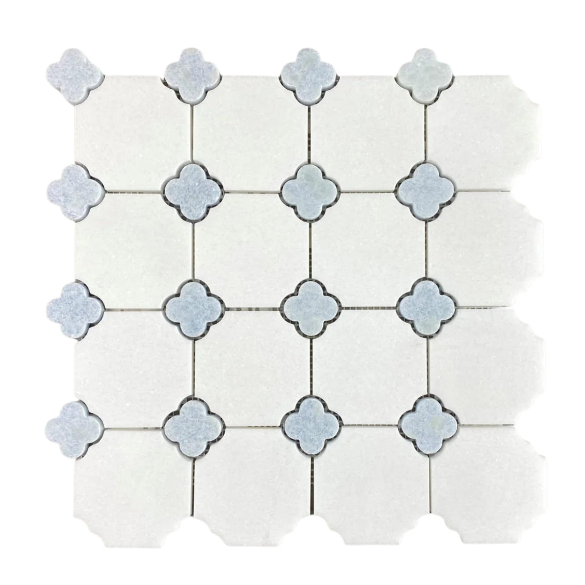 Polished Marble Mosaic Tile 12.75" x 12.75" - White Marble with Blue Clover Inlay, Mesh Mounted Wall & Floor Tile (5