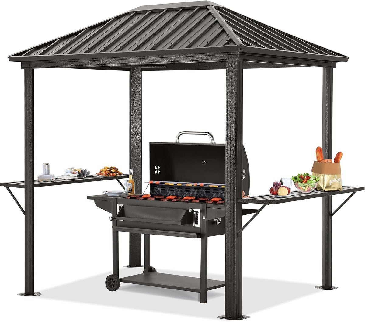 6x8 Grill Hardtop Gazebo - Outdoor Permanent Barbecue Gazebo with Galvanized Steel Roof