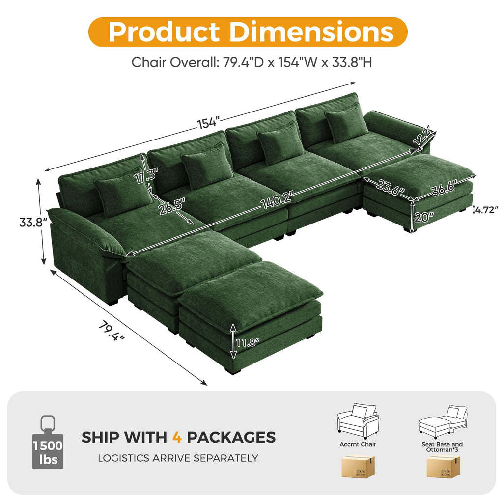 156" U Shaped Modular Sectional Cloud Couch with Ottoman, 7-Seats Chenille Comfy Deep Seat Upholstered Modern Sofa