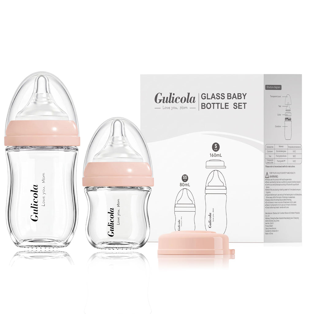 Natural Glass Baby Bottle Newborn Set, 3 oz and 5 oz with Extra Slow Flow & Slow Flow Nipple, Anti Colic, 0-3 Months