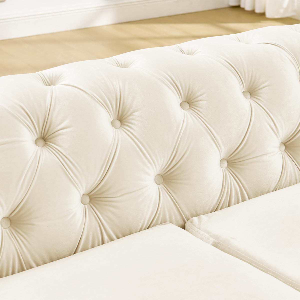 85" Luxury Oversized Chesterfield Sofa with 2 Pillow & Gold Stainless Decoration, Italian Modern Style 3-Seater
