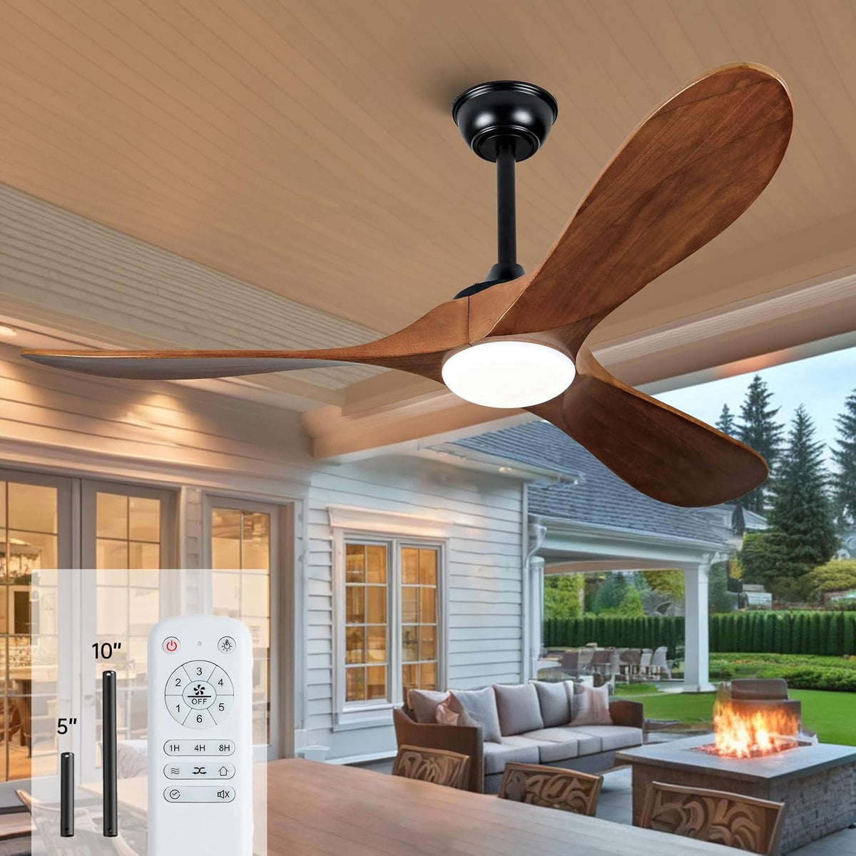 52-Inch Outdoor Solid Wood Ceiling Fan with Dimmable Light and Remote