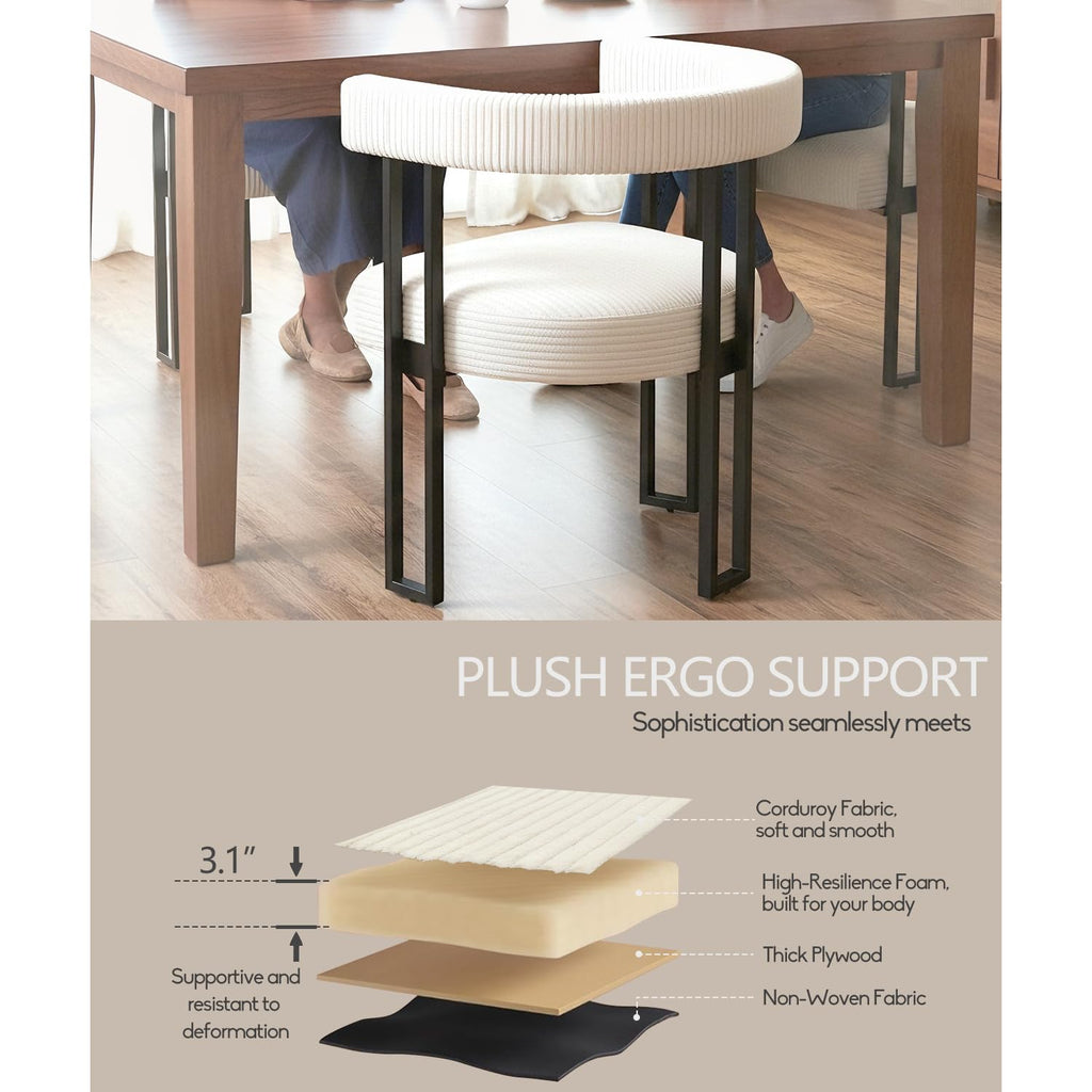Boucle Upholstered Set of 2 Corduroy Kitchen & Dining Room Chairs with Metal Legs Mid Century Modern Chairs (Cream, 2)
