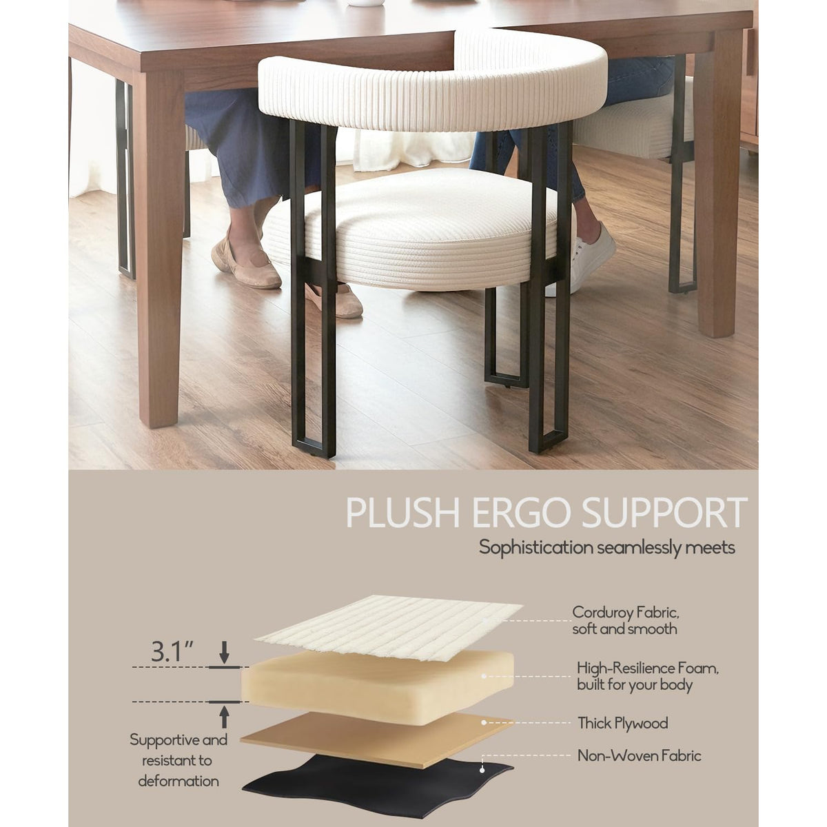 Boucle Upholstered Set of 2 Corduroy Kitchen & Dining Room Chairs with Metal Legs Mid Century Modern Chairs (Cream, 2)