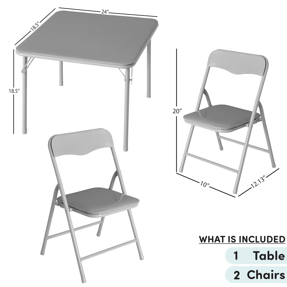Grey Kids Activity Table and Chair Set, 3-Piece Furniture Set with 1 Square Table & 2 Folding Chairs, Playroom Table