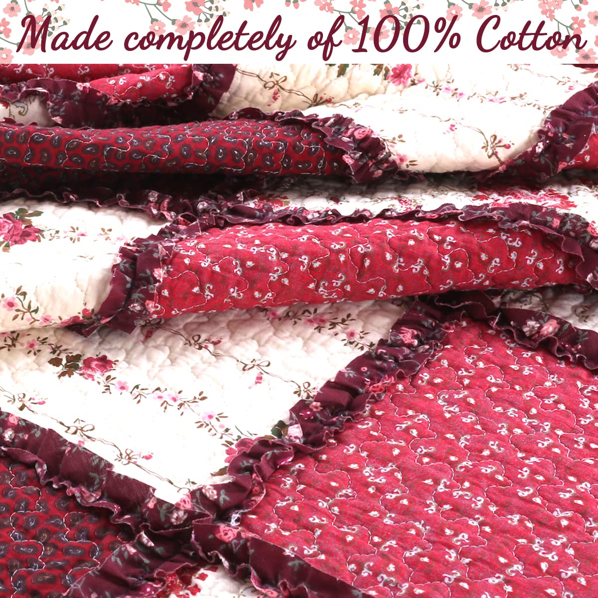 100% Cotton True Patchwork Reversible Red Floral Paisley Rag Ruffle Farmhouse Quilt Bedding Set, Coverlet Bedspread