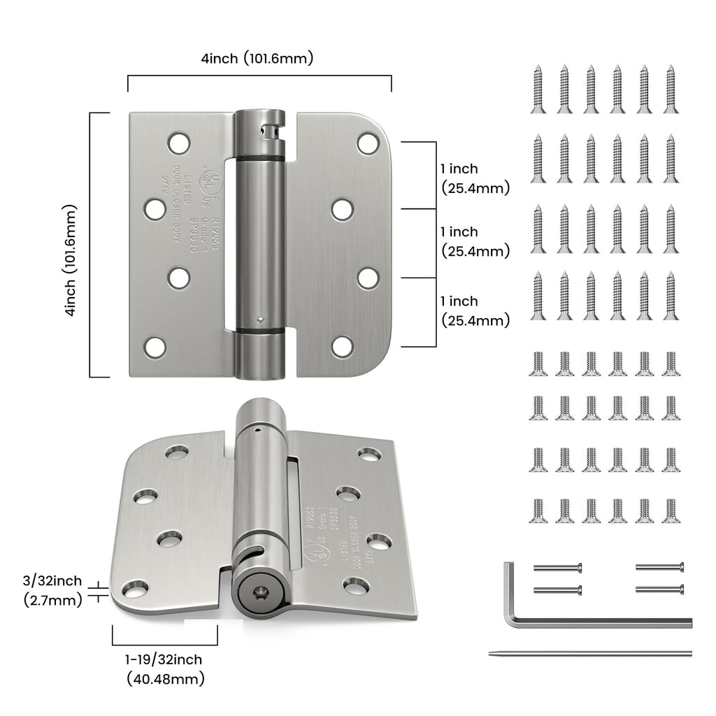 2 Pack Spring Hinges Satin Nickel 4" Square 5/8" Radius Corners