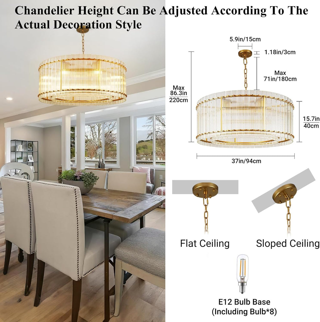 37" 8-Light Gold Modern Crystal 2-Tier Round Chandelier