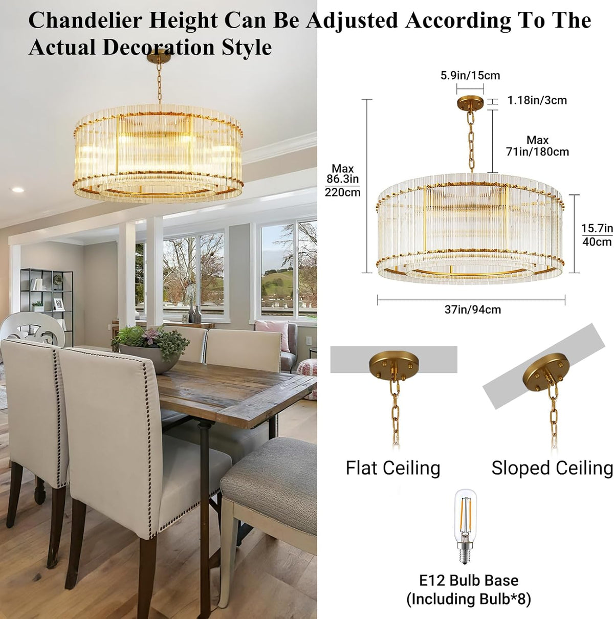 37" 8-Light Gold Modern Crystal 2-Tier Round Chandelier
