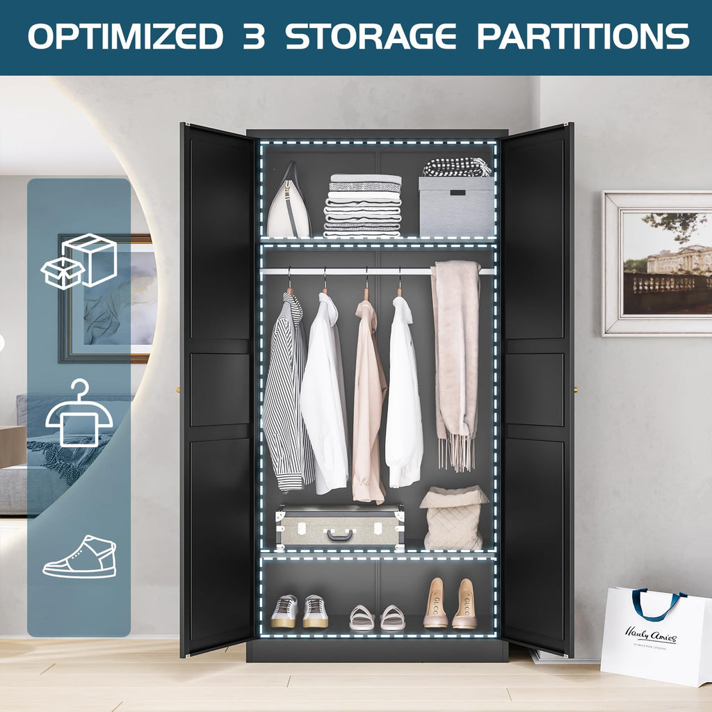 Wardrobe Closet with 2 Doors, 72" Metal Wardrobe Cabinet with Hanging Rod, Bedroom Armoires Laundry Room and Office