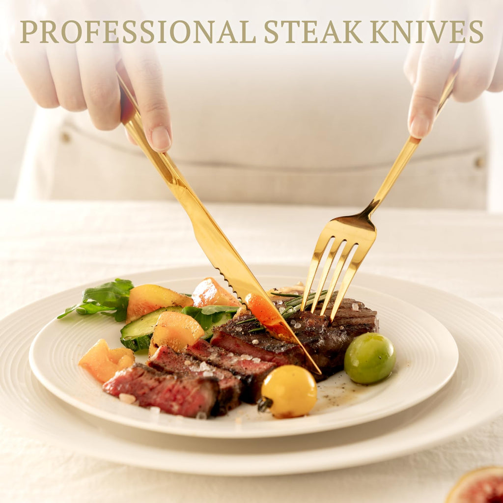 24-Piece Gold Silverware Set with Steak Knives Flatware Set for 4 Food-Grade Stainless Steel Cutlery Set Mirror