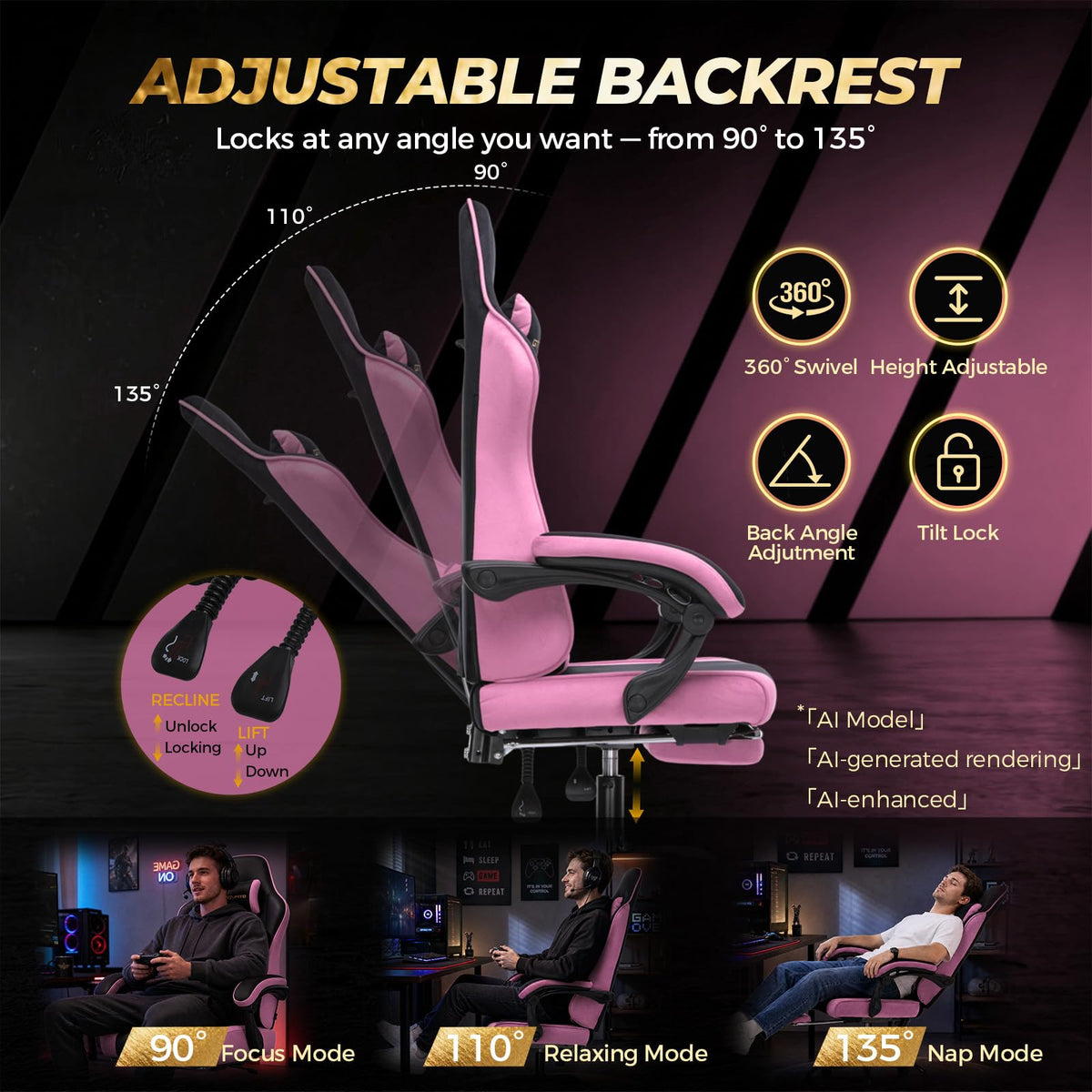 Video Gaming Chair Fabric, Ergonomic Computer Chair with Footrest and Pocket Spring Cushion, Height Adjustable Video
