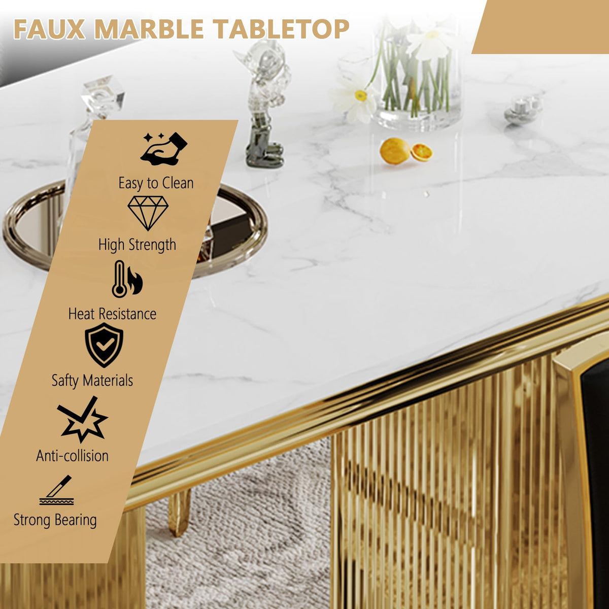 68" Faux Marble White Gold Dining Table for 6, Modern Dining Room Table with 0.71" Marble Printing MDF Top and Dual