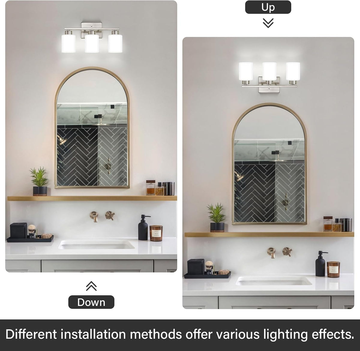 Brushed Nickel Bathroom Light Fixtures Vanity Lights Over Mirror | Modern 3-Light lighting fixtures with Milky White