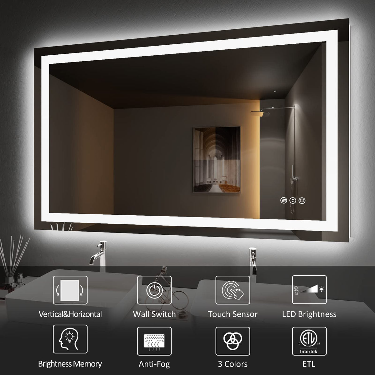 LED Bathroom Mirror, 60"X32" with Front Light and Backlit