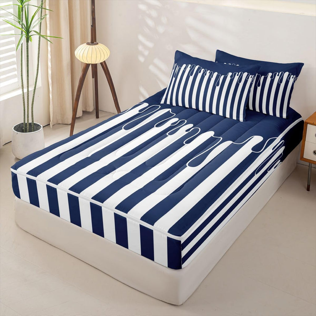 Dark Blue Striped Zipper Bedding Stripe Drip Zip Up Bedding Set for Adults Couples, Neutral Modern Abstract