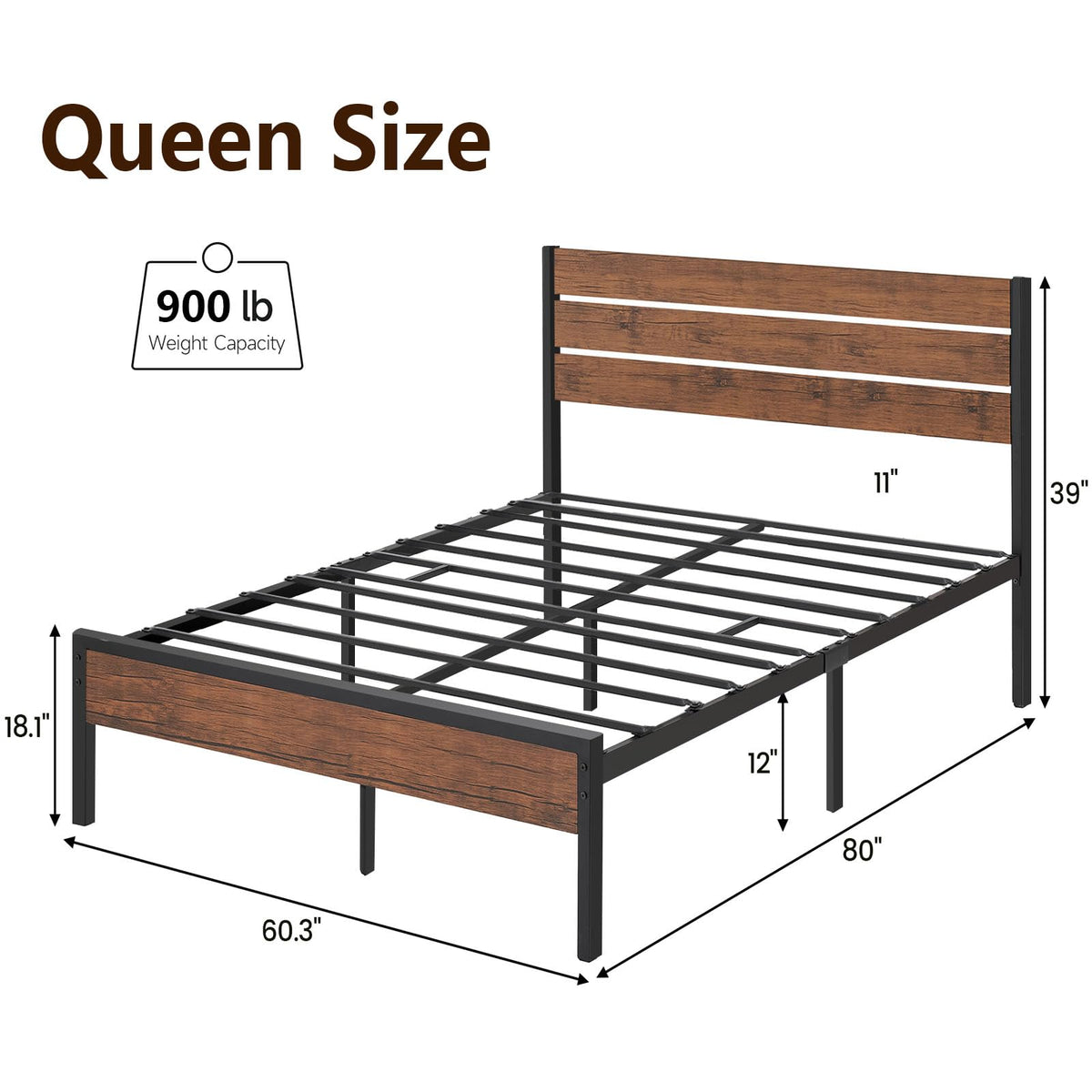 Rustic Queen Metal Bed Frame with Headboard, Rustic Brown
