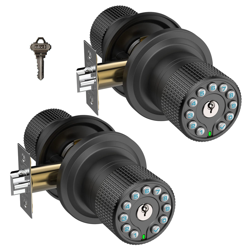 Smart Door Knob with Keypad and Key, Keyless Entry Door Lock with Rubber Grip, Auto Lock, 50 User Code, Waterproof, Easy