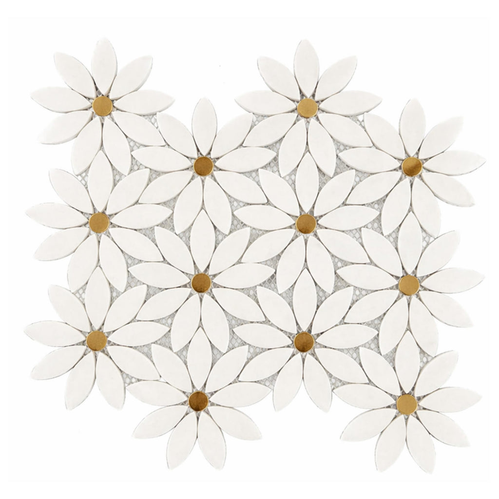 Thassos White Marble Daisy Flower Mosaic Tile with Gold Metal Inlay 12x12 Inches - Decorative Natural Stone Wall &