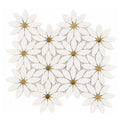 Thassos White Marble Daisy Flower Mosaic Tile with Gold Metal Inlay 12x12 Inches - Decorative Natural Stone Wall &