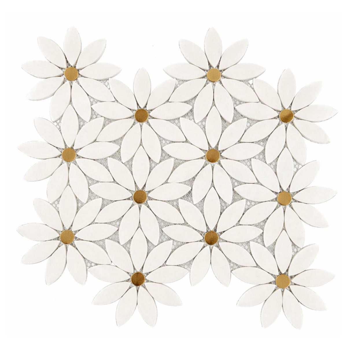 Thassos White Marble Daisy Flower Mosaic Tile with Gold Metal Inlay 12x12 Inches - Decorative Natural Stone Wall &