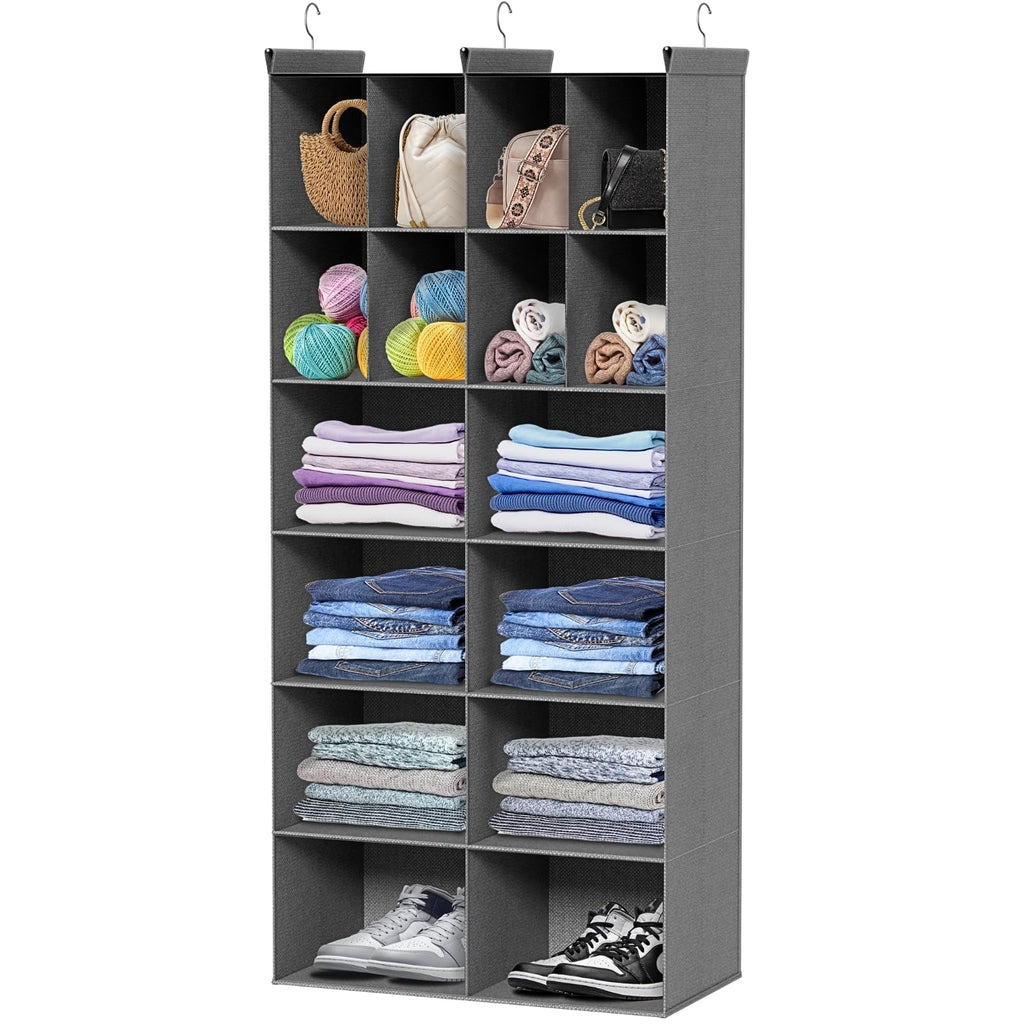 6 Tier Hanging Closet Organizer, 16 Compartments Dual Row Storage, Grey