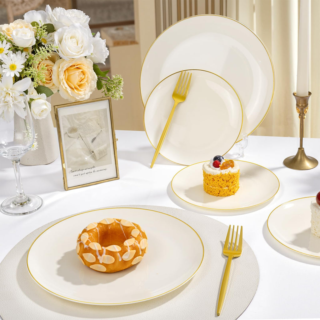 Ivory Plastic Plates with Gold Rim - Heavy Duty Cream Disposable Include 100 Dinner 10 inch & 100 Dessert 7