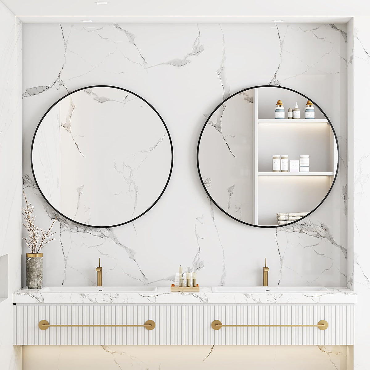 Round Metal Wall Mirror, 36 Inch, Black Frame Bathroom Mirror