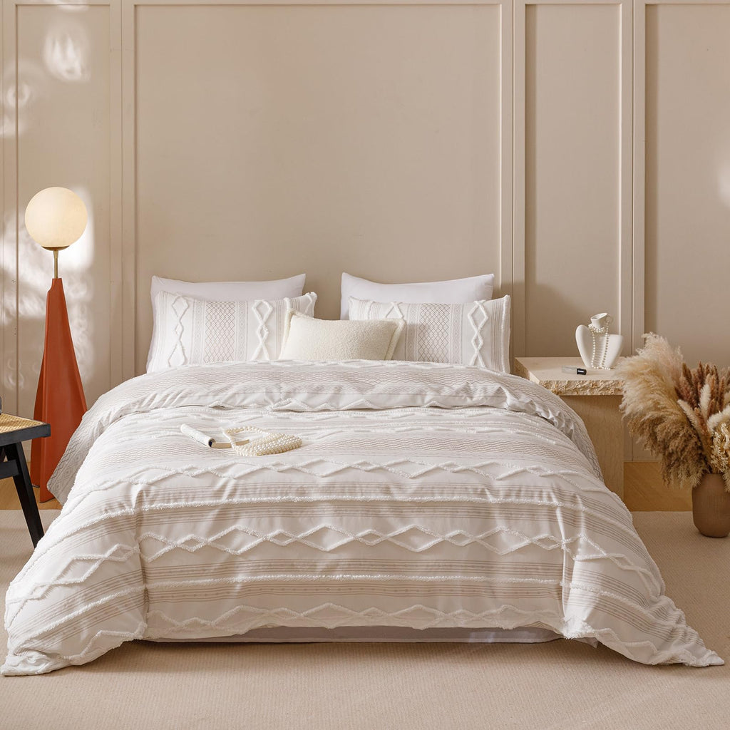 Ivory Boho Comforter Set Cal King Mixed Textures Jacquard Bedding Set Durable Chic and Stylish Bedroom Set