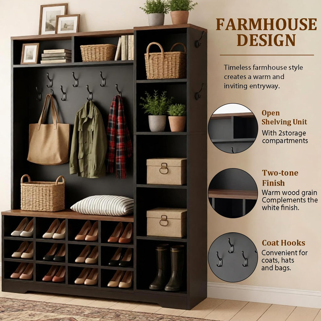 Hall Tree with Bench and Shoe Storage, 5-in-1 Mudroom with Coat Rack, Farmhouse Entryway Furniture, Tall Hall Tree