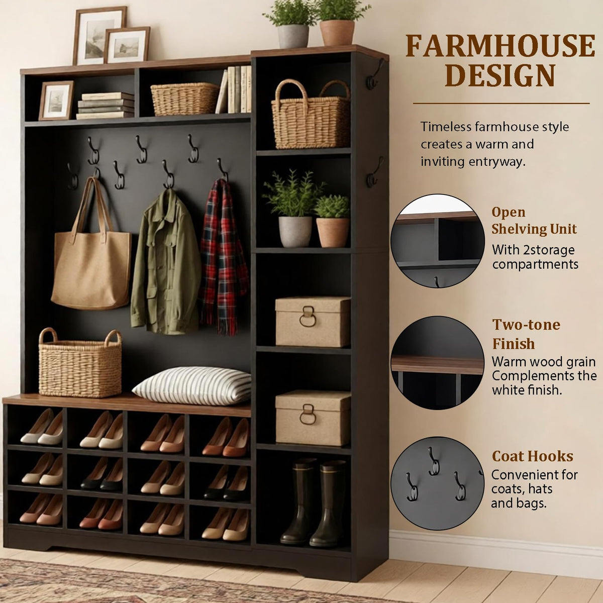 Hall Tree with Bench and Shoe Storage, 5-in-1 Mudroom with Coat Rack, Farmhouse Entryway Furniture, Tall Hall Tree