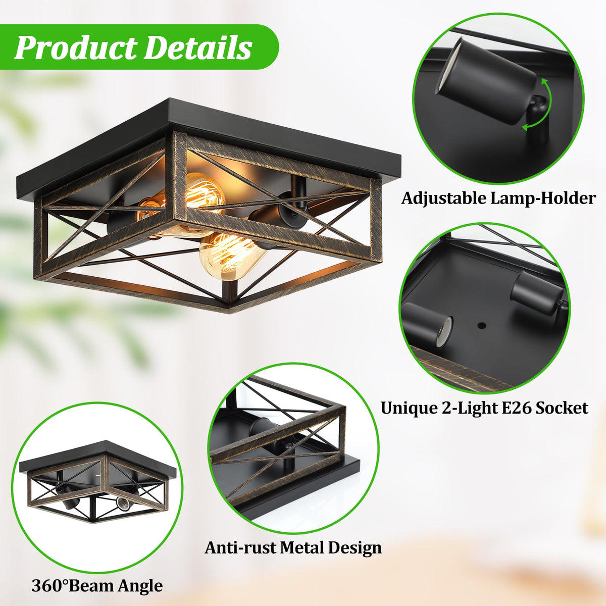 2-Light Farmhouse Industrial Flush Mount Ceiling Lights, Oil Rubbed Bronze