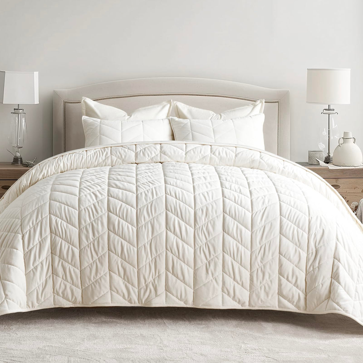3 Pieces Matelasse Oversized Velvet Quilts, Cream White