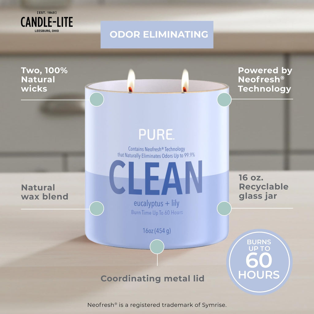Pure Eucalyptus & Lily Odor Eliminating Scented Candles, Neofresh Technology Eliminates 99.9% of Odors, 16 oz 2-Wick