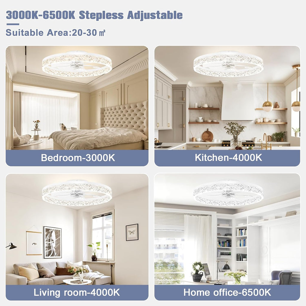 23.6" Flush Mount Chandelier Ceiling Fan with Light & Remote