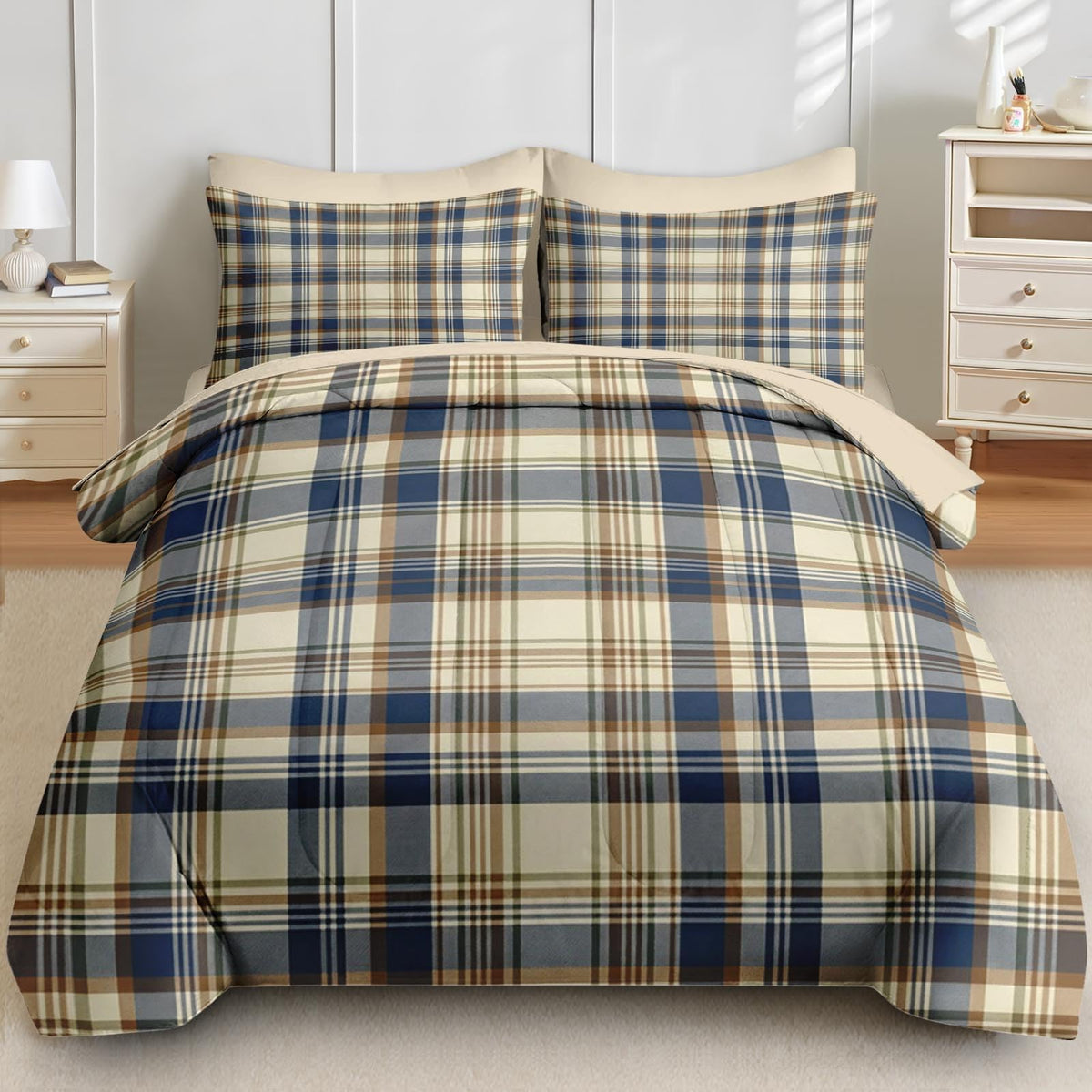 Comforter Set with Sheets, 7 Pieces Plaid Navy Bedding