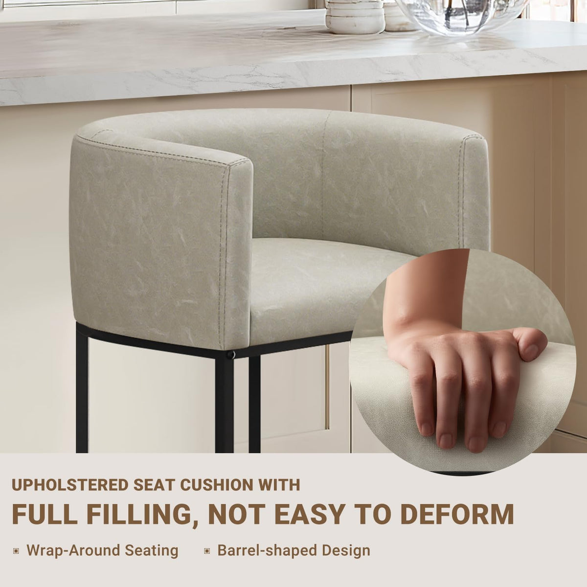 26" H Counter Height Bar Stools Set of 4, Modern Barrel Counter Stools with Backrest and Arms, Faux Leather