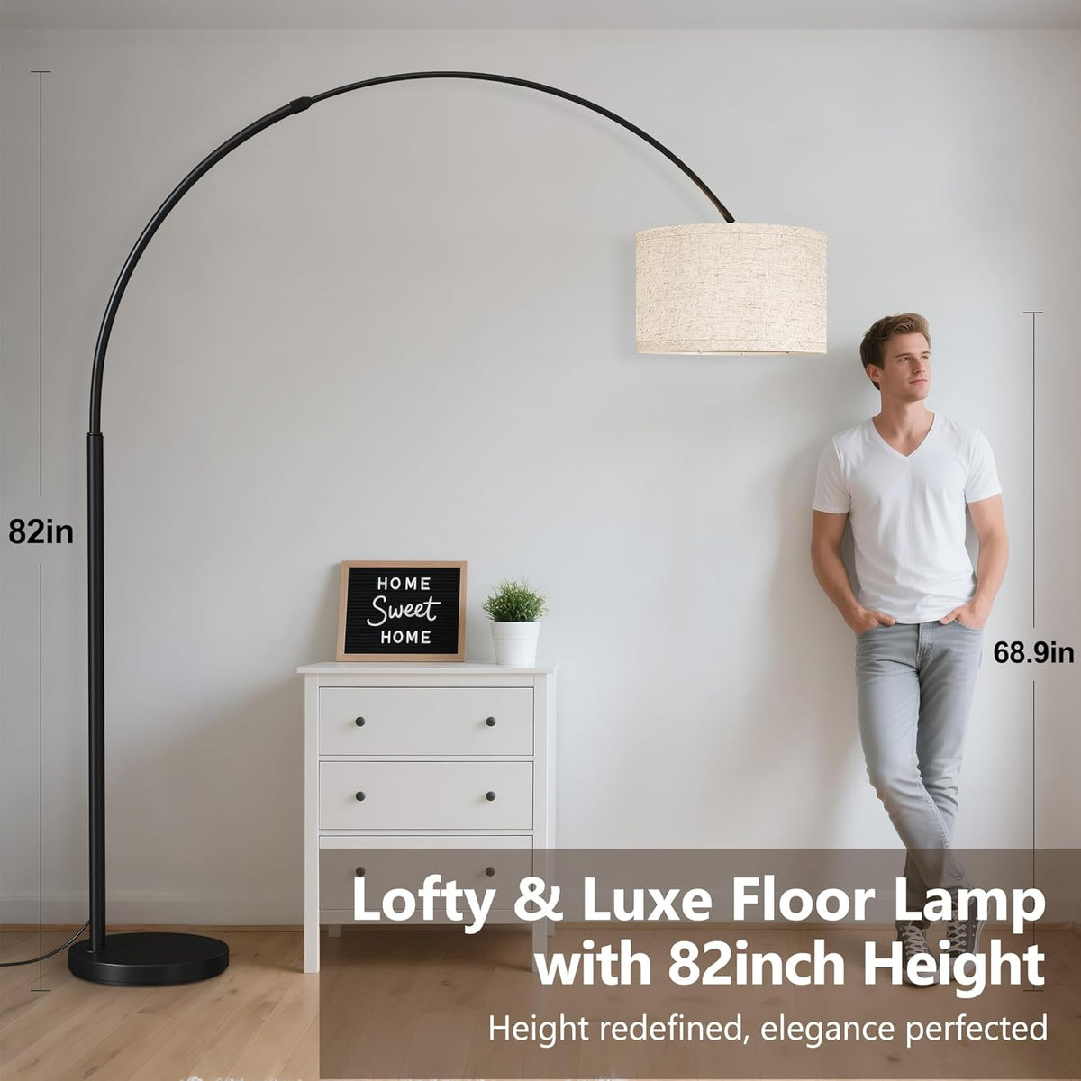 82" Tall Arc Floor Lamps, Large Floor lamp with Length Adjustable, Modern Curved Floor lamp, Corner Lamp, Black