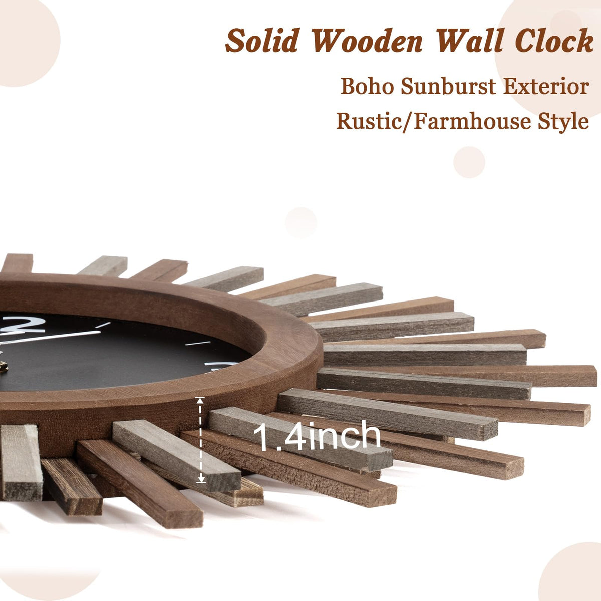 Inspired Nelson Style 18 Inch Large Wall Clock, Battery Operated, Silent, Rustic Wood Boho Sunburst Decorative Wall Clocks Kitchen Bedroom