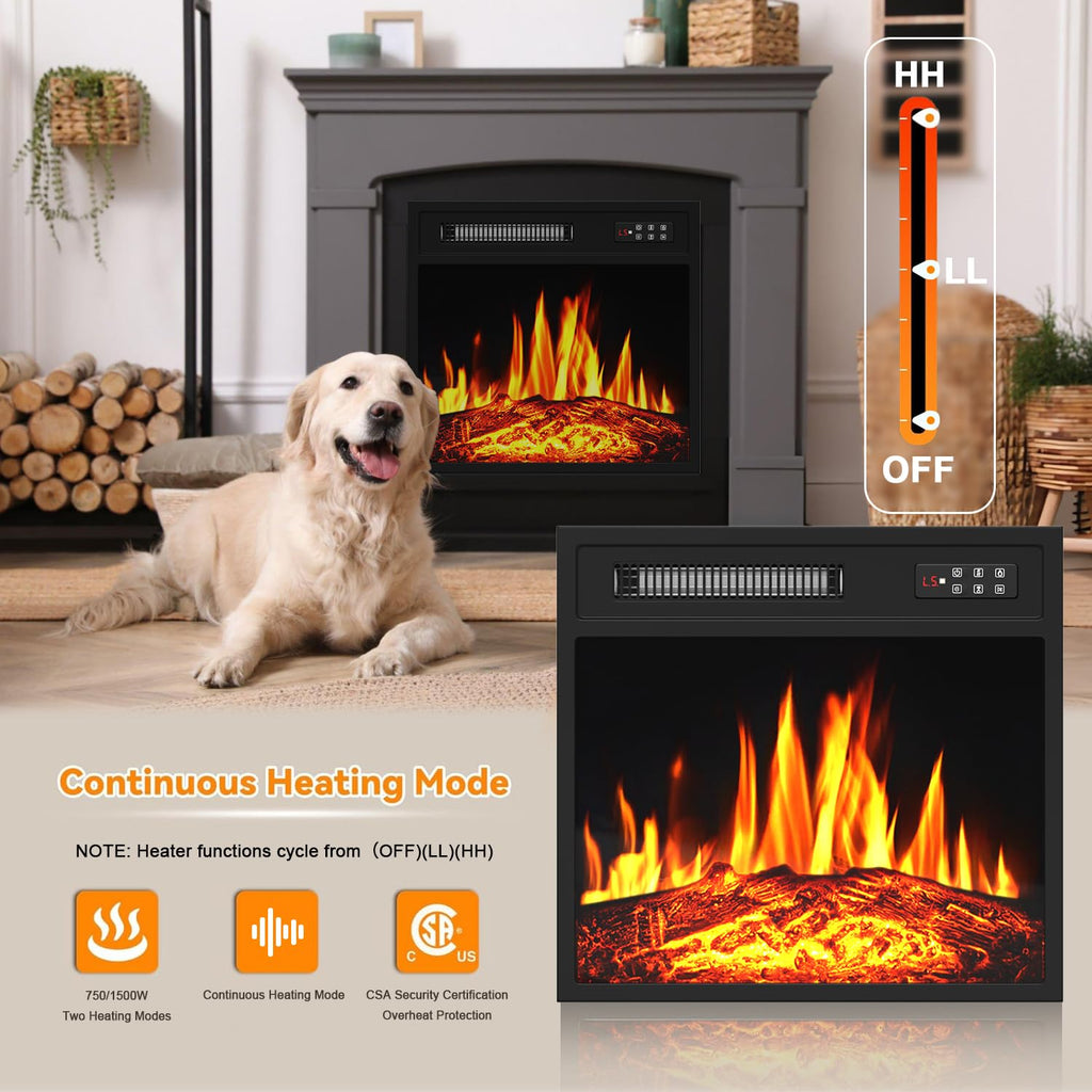 18 Inch Electric Fireplace Insert with LED Realistic Flame, 750/1500W