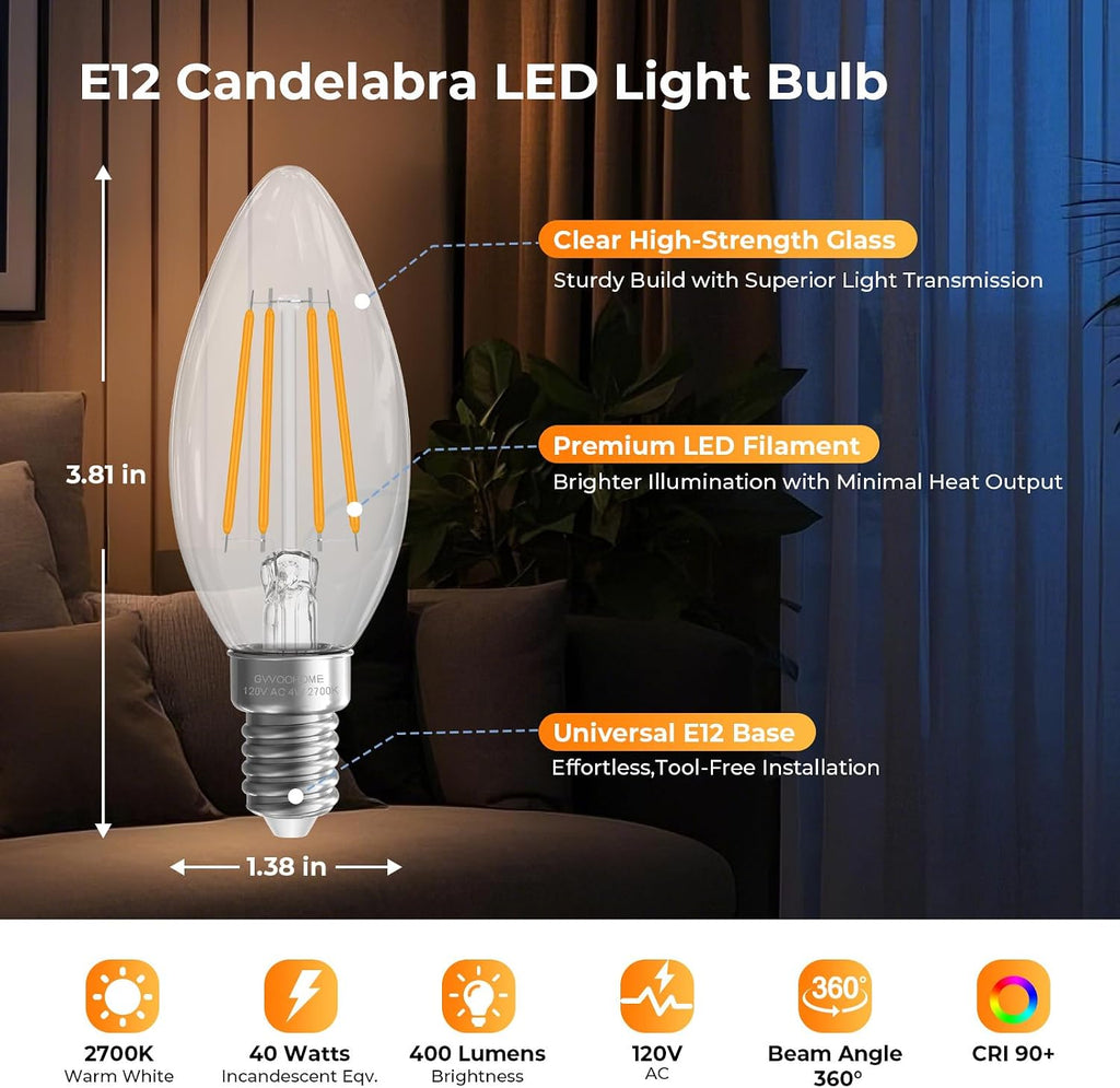 Candelabra Bulbs, E12 LED Bulb, Chandelier Light Bulbs, 2700K Warm White