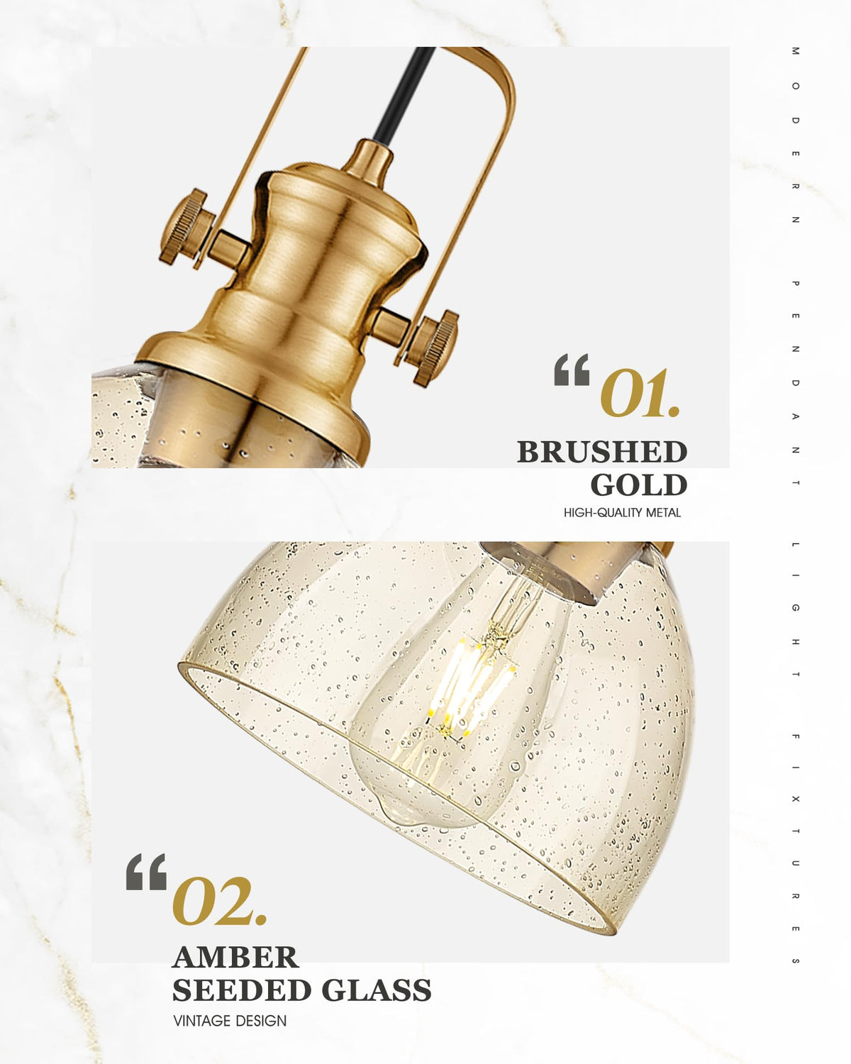 7.5" Brushed Gold Pendant Light Kitchen Island, Amber Shade