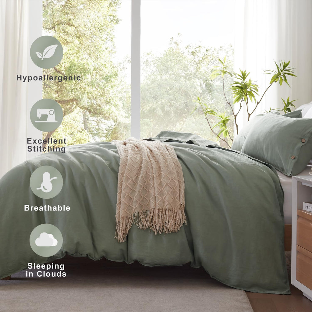 100% Linen Duvet Cover Set, 3 Piece Button Closure