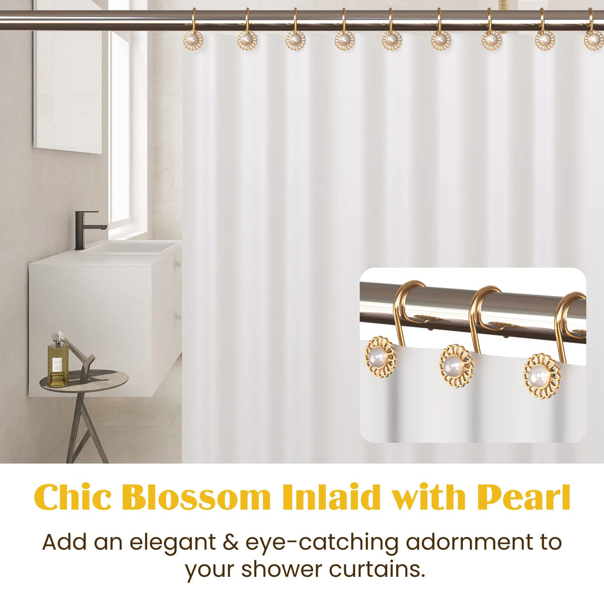 Shower Curtain Hooks, Set of 12 Decorative Curtain Rings, Rose Gold